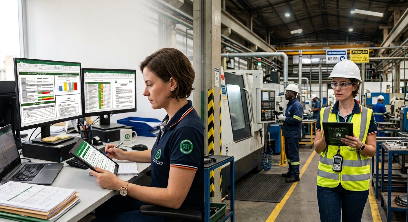 Profissional realizando avaliação de riscos em ambiente industrial